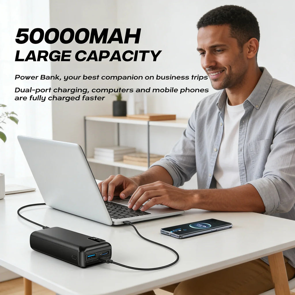 Man sitting at a table charging a laptop and smartphone with a portable power bank