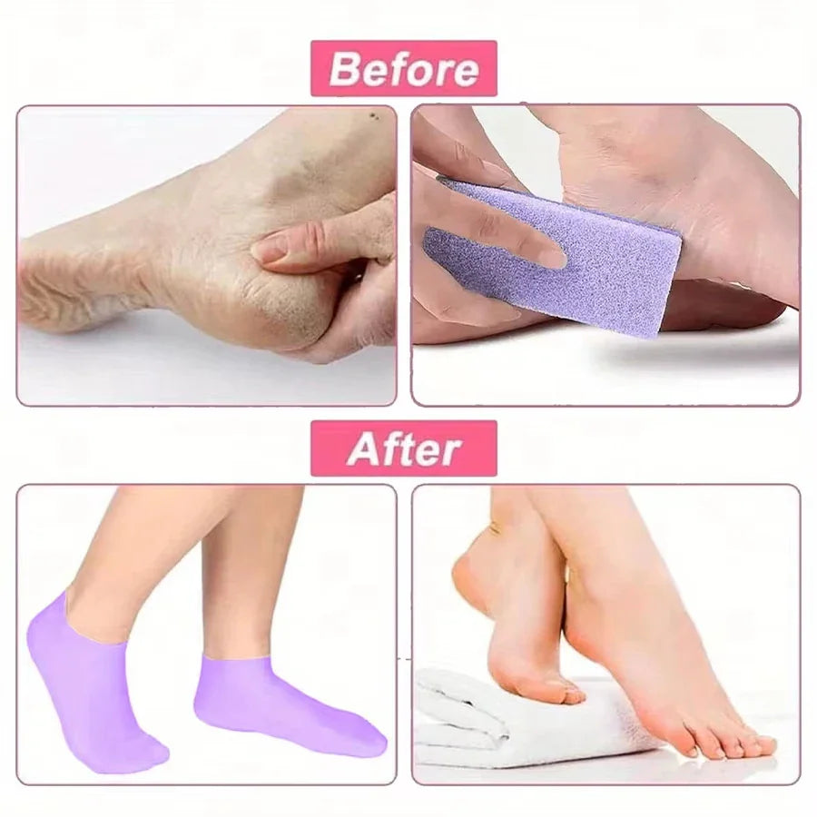 Demonstration of silicone moisturizing socks and a pumice stone for foot care routine