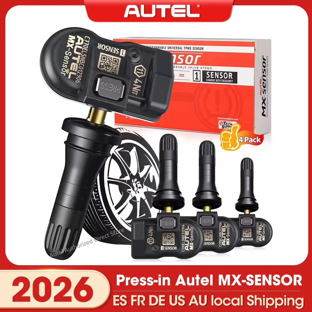 A set of four black tire pressure monitoring sensors with valves and packaging box