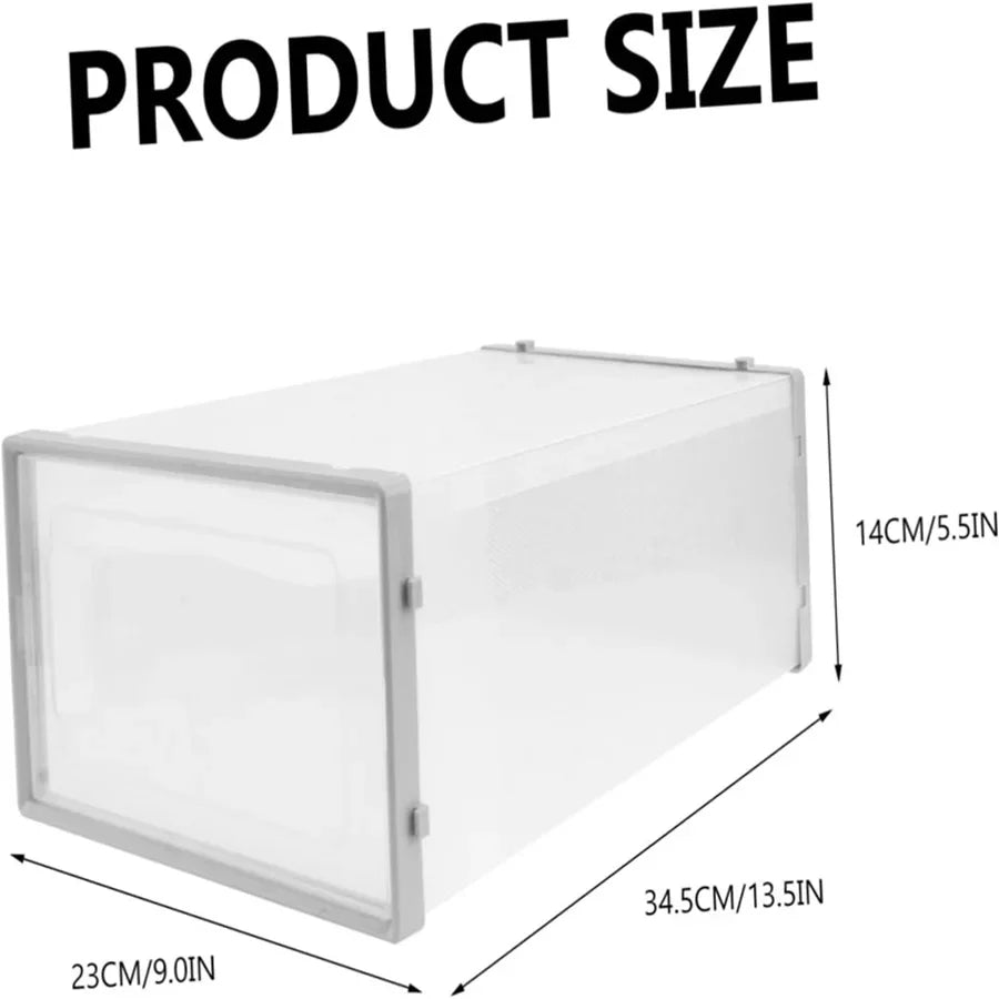 Single transparent plastic shoe storage box with dimension measurements indicated in inches and centimeters