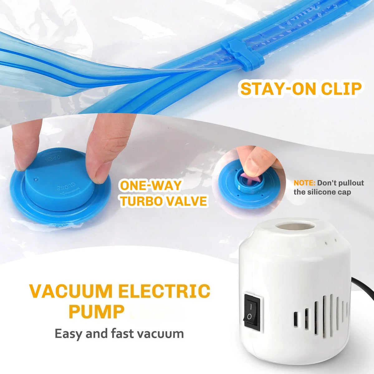 Detailed view of the valve, sealing clip, and electric pump for vacuum storage bags.