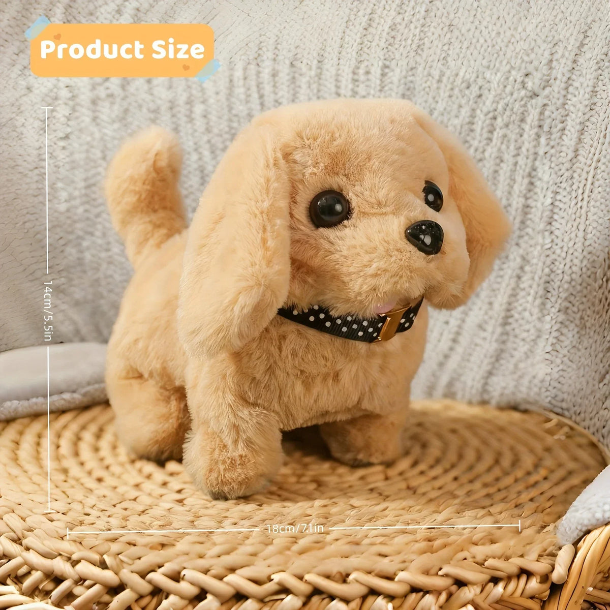 Plush golden retriever toy puppy on a wicker chair showing size dimensions