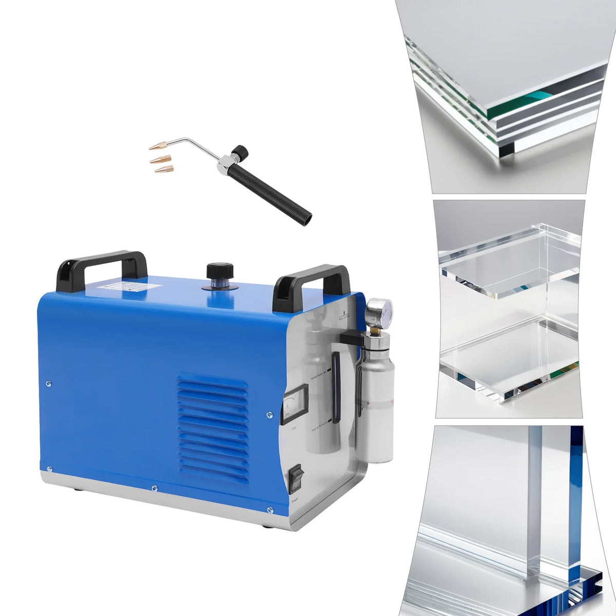 Hydrogen oxygen water welder and acrylic polisher with accessories and material examples