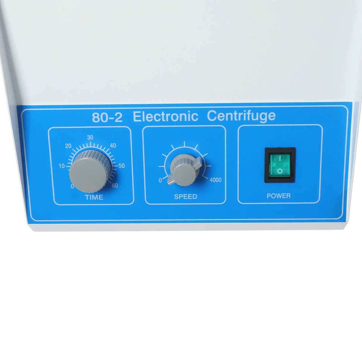 Close-up of control panel for electronic lab centrifuge with timer and speed dials
