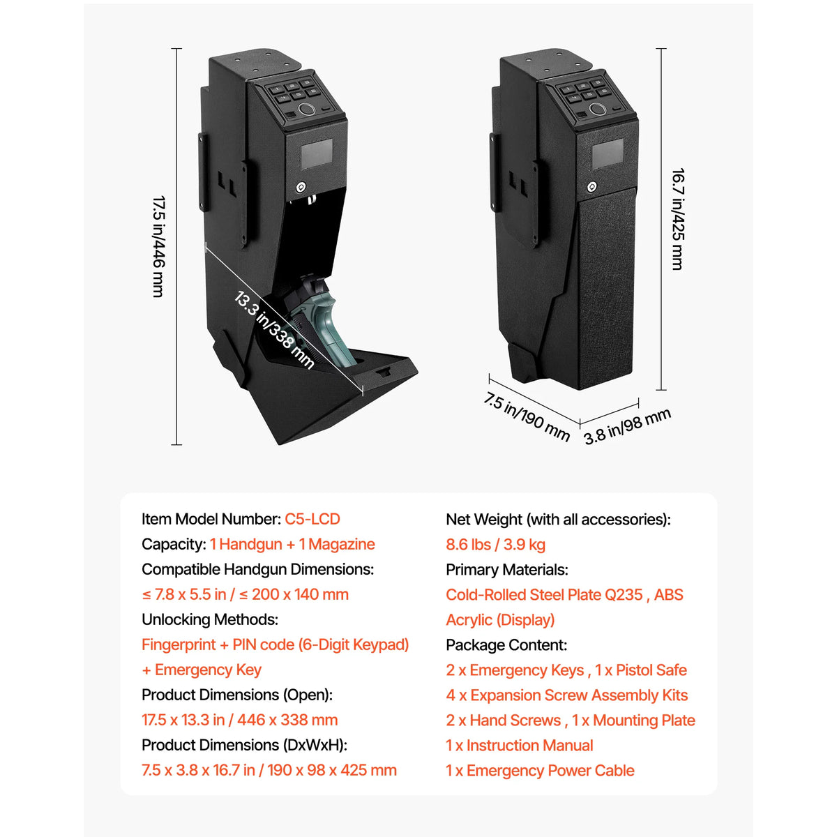Technical specifications for a handgun safe including weight, dimensions, and included accessories