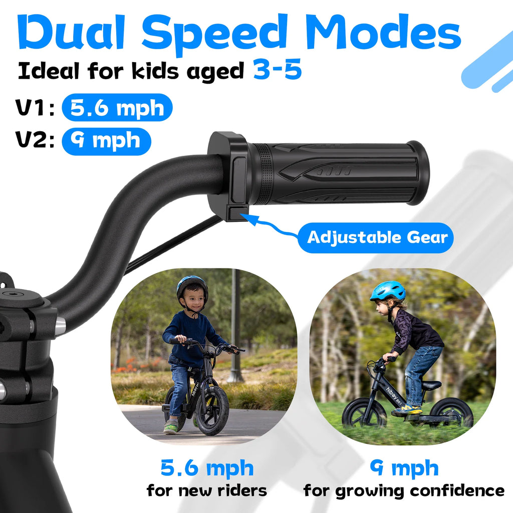 Close-up of the electric bike handle with speed settings and two children riding