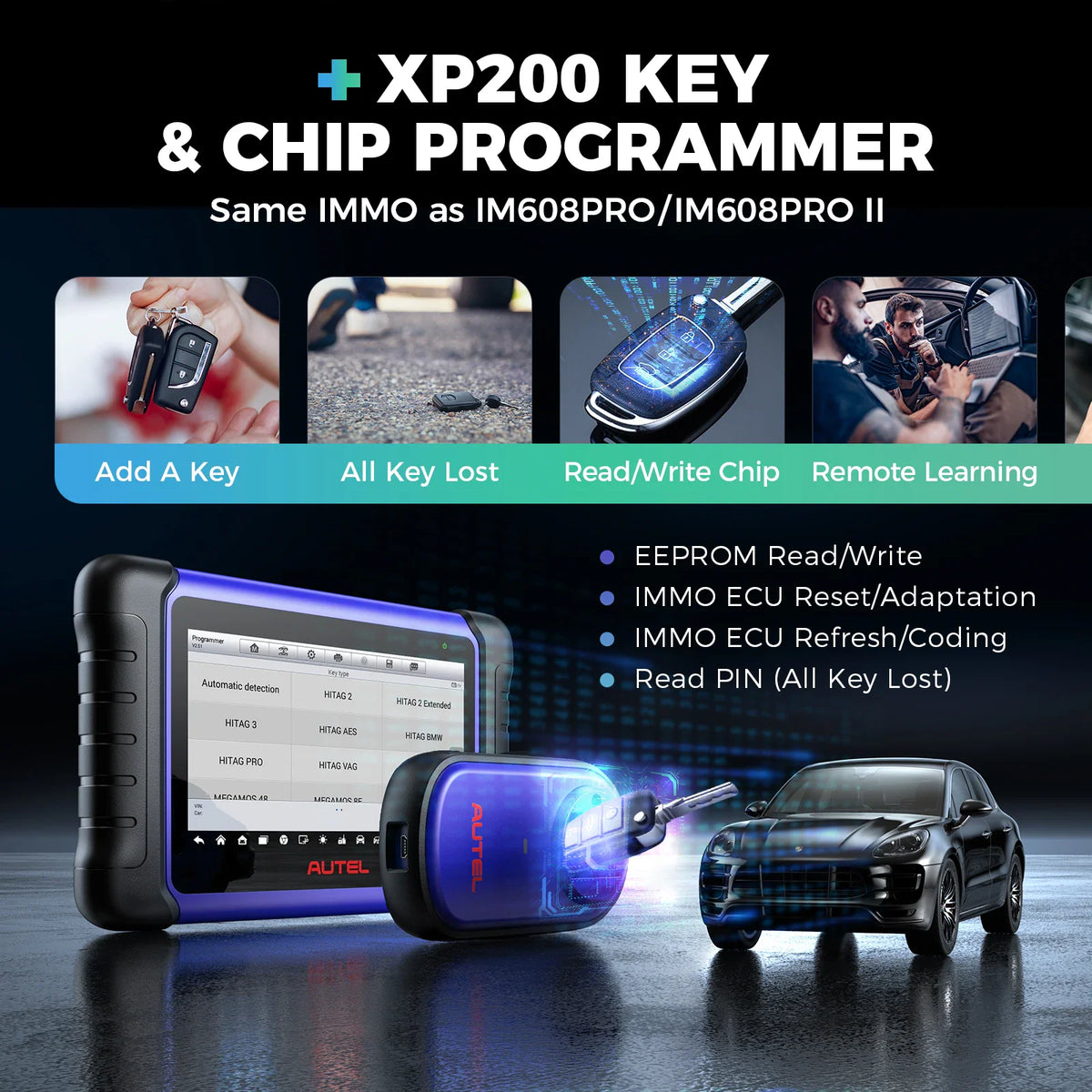 Automotive diagnostic tablet and key programmer showing key generation and chip programming.