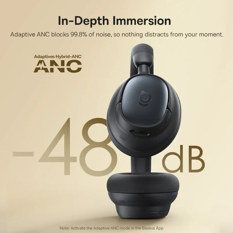 Black wireless headphones with active noise cancelling feature