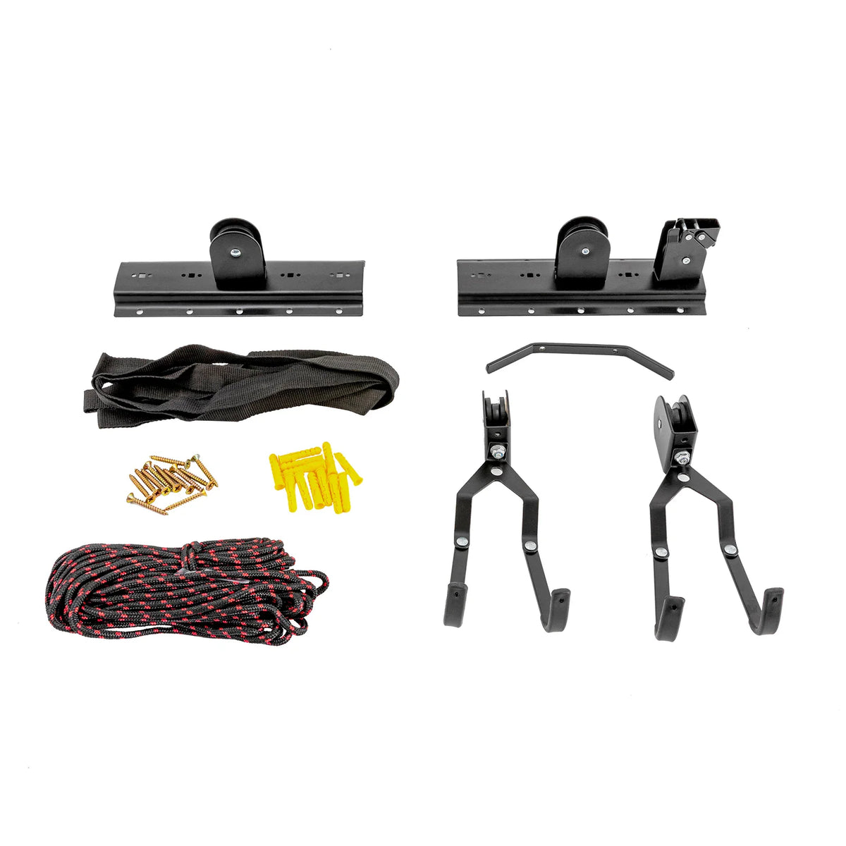 The components of a bicycle ceiling hoist kit, including brackets, ropes, pulleys, hooks, and hardware.