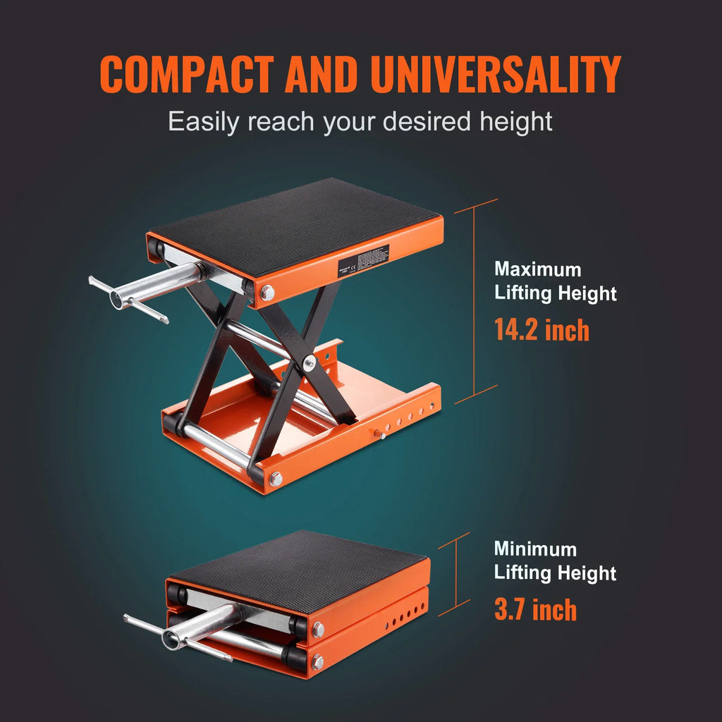 Maximum and minimum lifting height specifications for motorcycle lift jack