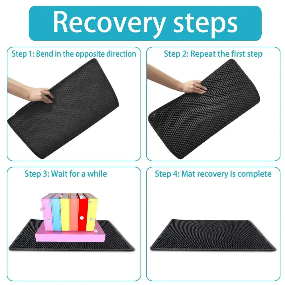 Instructional steps for flattening and recovering a black cat litter mat after shipping.