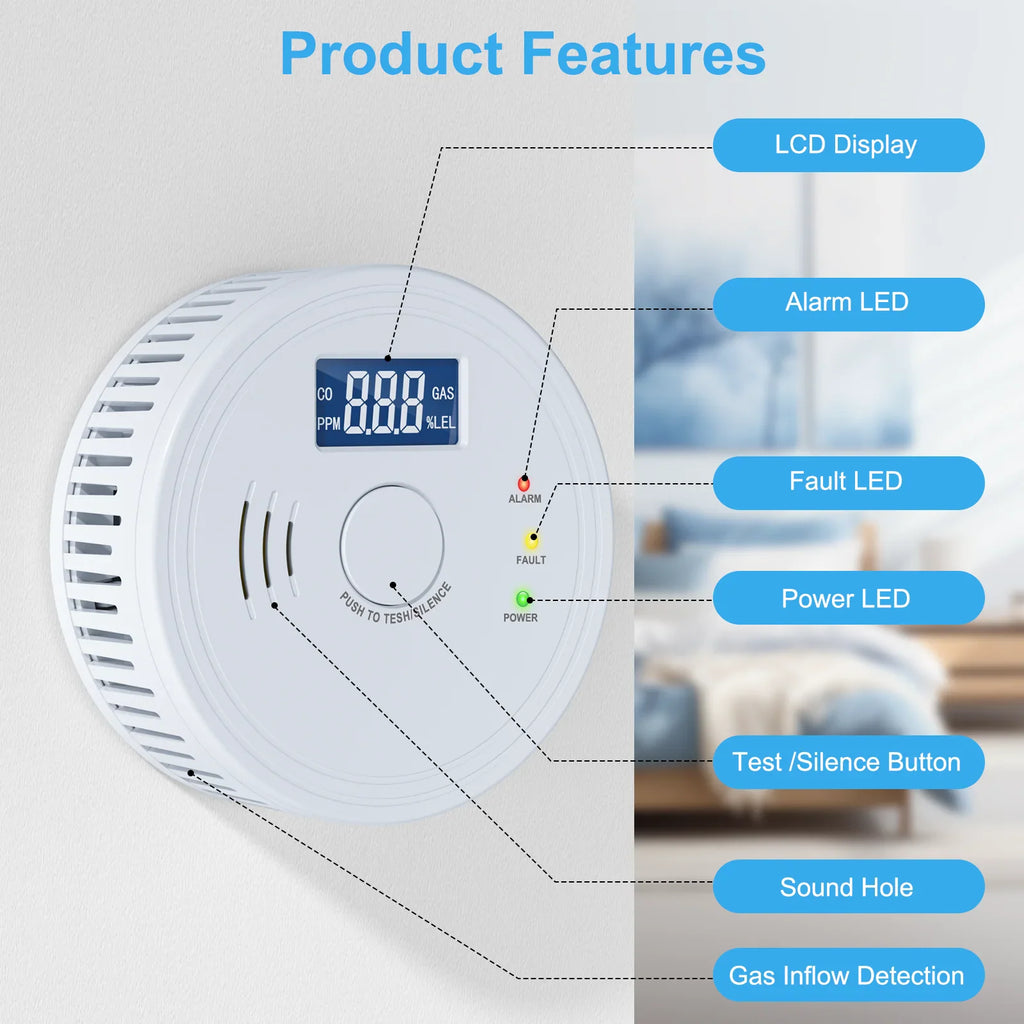Round white smoke and carbon monoxide detector with arrows pointing to different product features