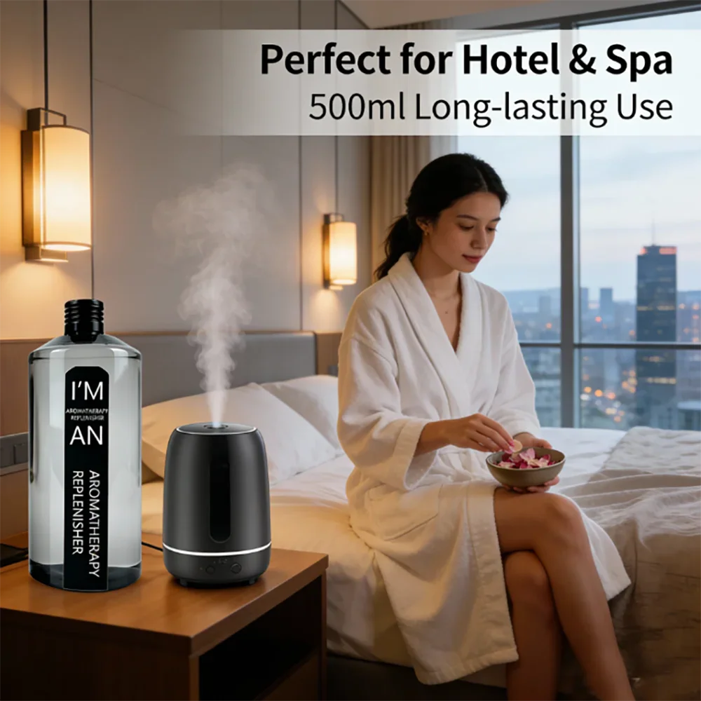 Aromatherapy replenisher oil bottle and black humidifier on a nightstand in a hotel suite.