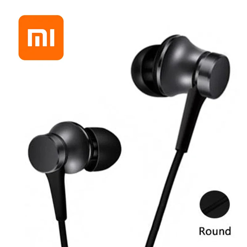 Black in-ear wired headphones with round design