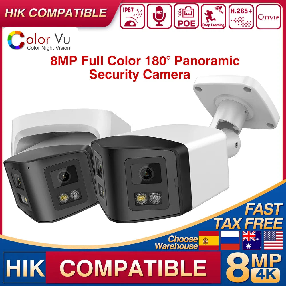 White and black dual lens 8MP panoramic security camera with text overlays and feature icons