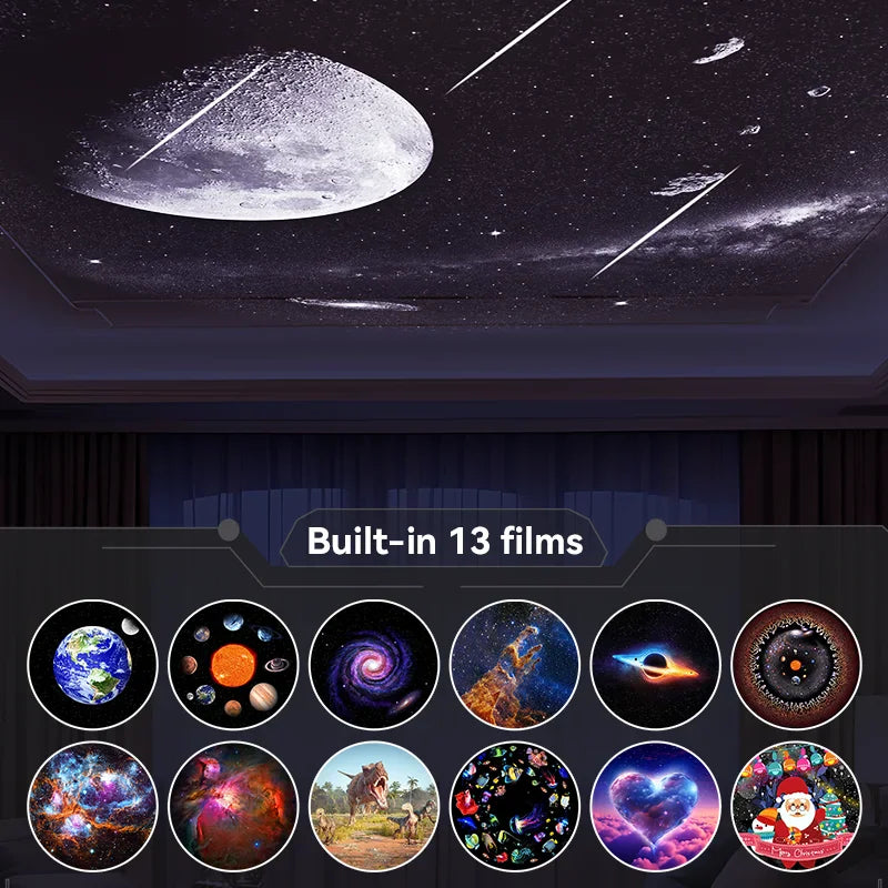 Black galaxy projector showing 13 different projection films including planets, stars, and space themes.