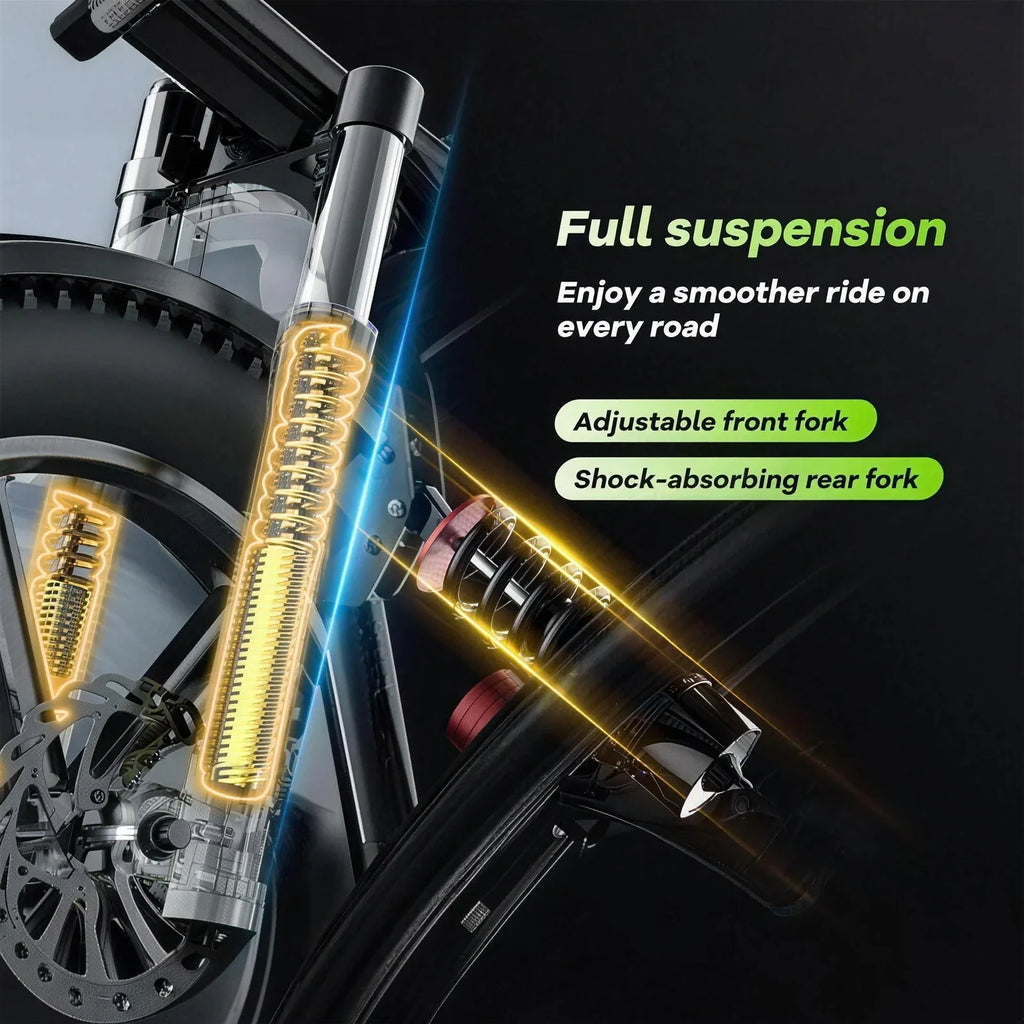 Diagram showing the front and rear suspension system on a fat tire electric bike.