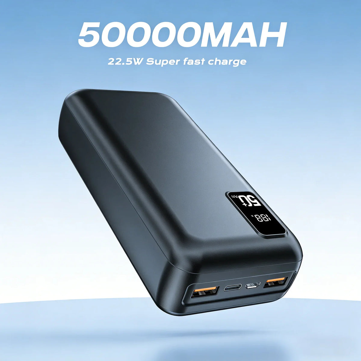 Portable power bank in matte black with 50000mAh capacity and digital battery indicator