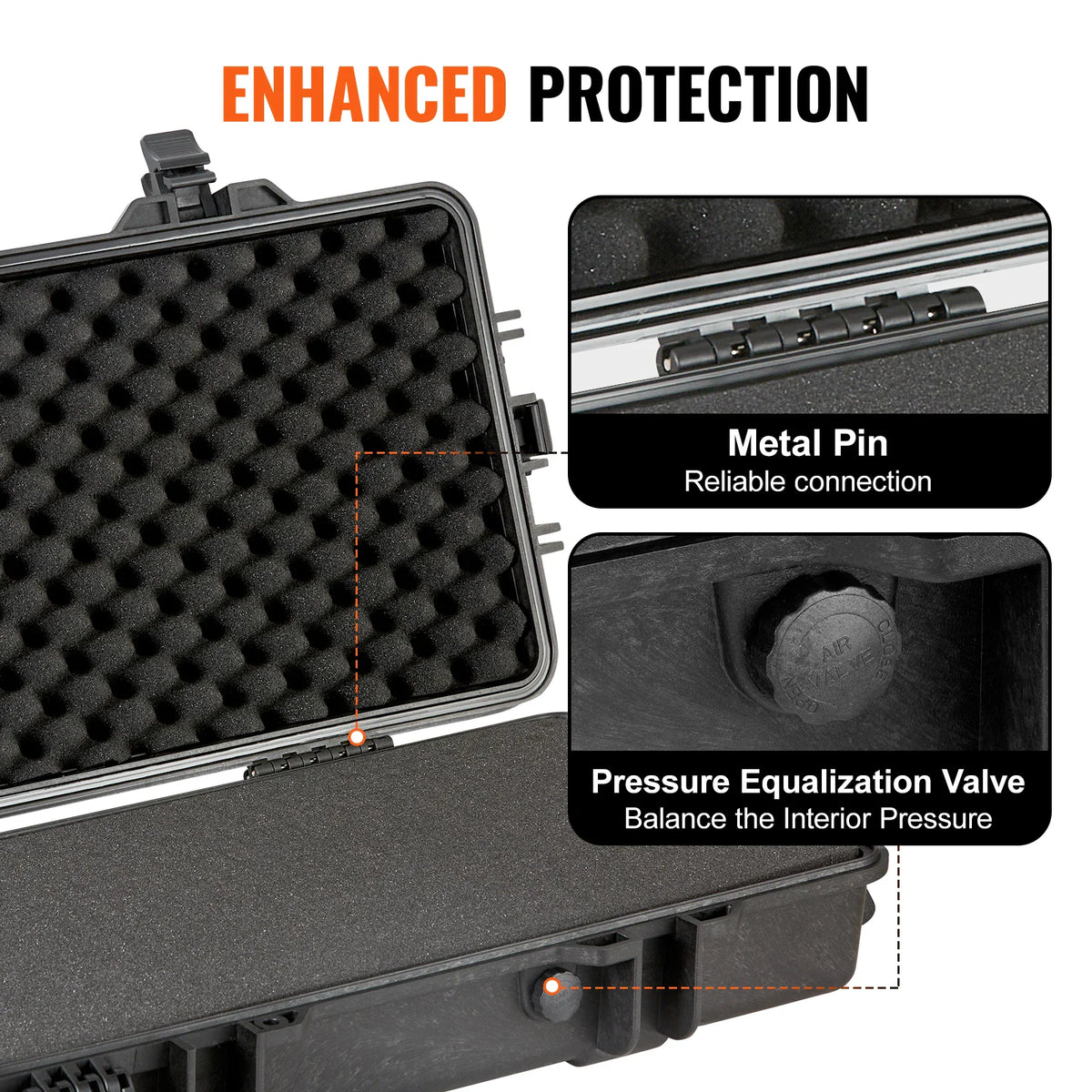 Features of a hard gun case including a metal hinge pin and a pressure equalization valve