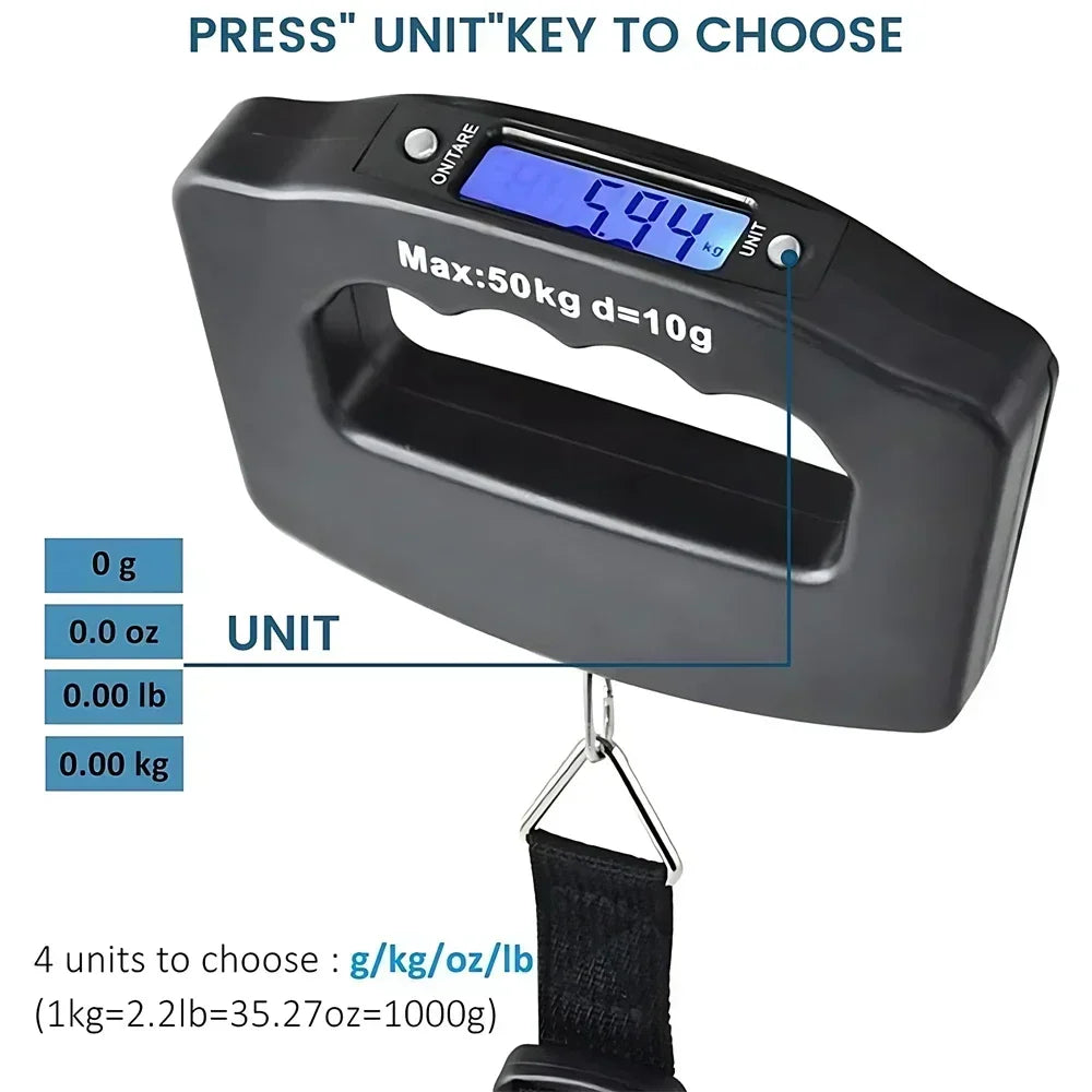 A black digital luggage scale explaining the unit button to switch between grams, kilograms, ounces, and pounds.