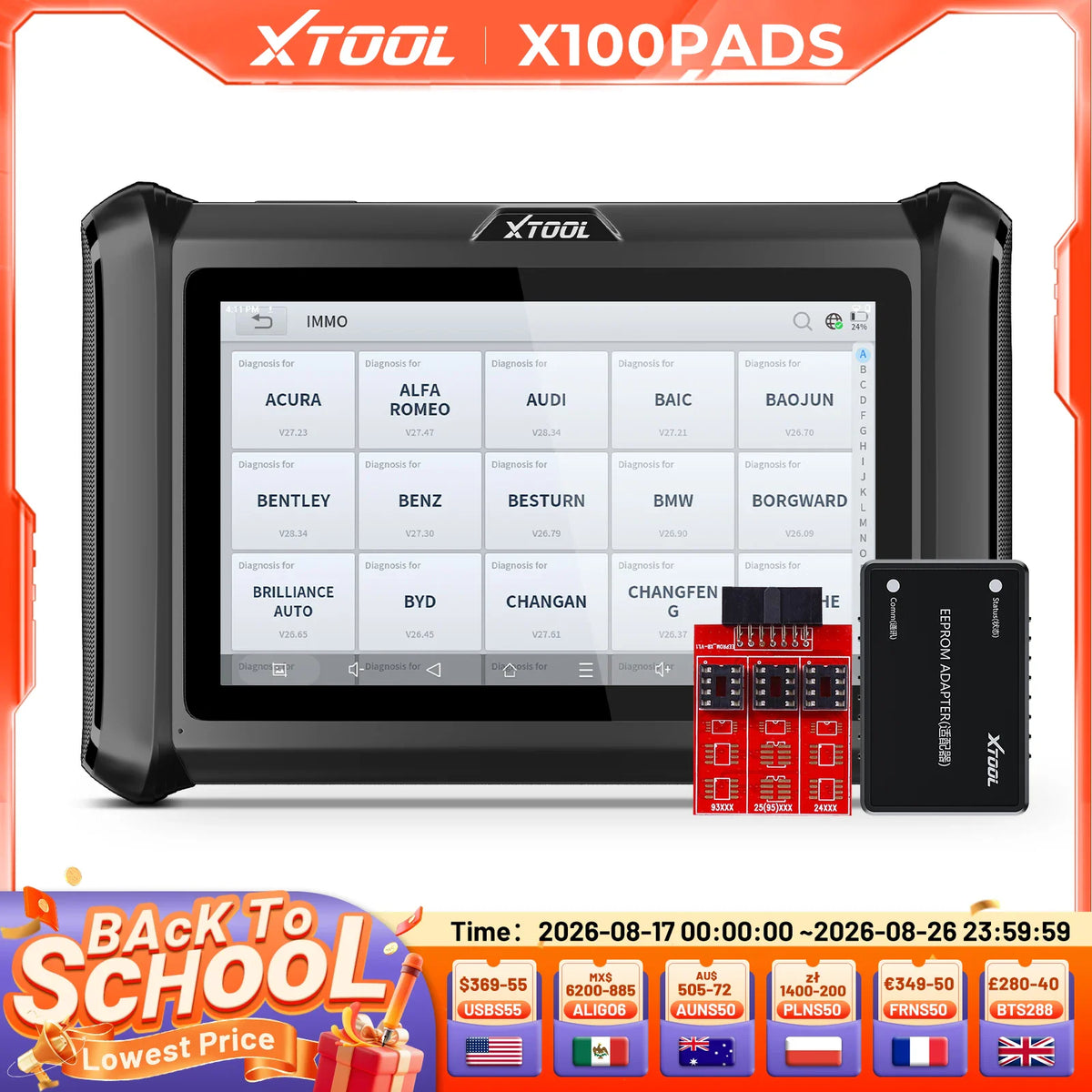 Automotive diagnostic tablet with EEPROM adapter and screen displaying vehicle list