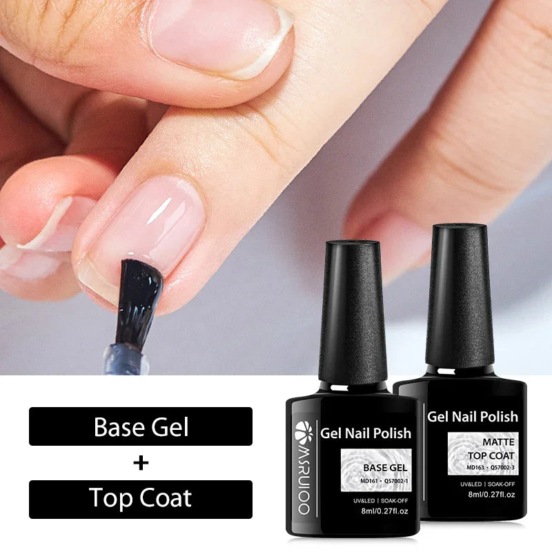 Bottles of base gel and matte top coat for nails with application demonstration