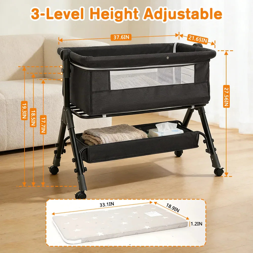 A grey adjustable-height baby bassinet with dimension annotations and a mattress pad layout.