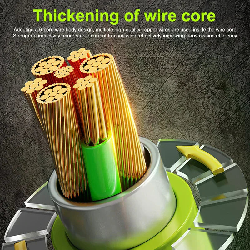 Close-up view of the internal copper wire core structure of a green charging cable.
