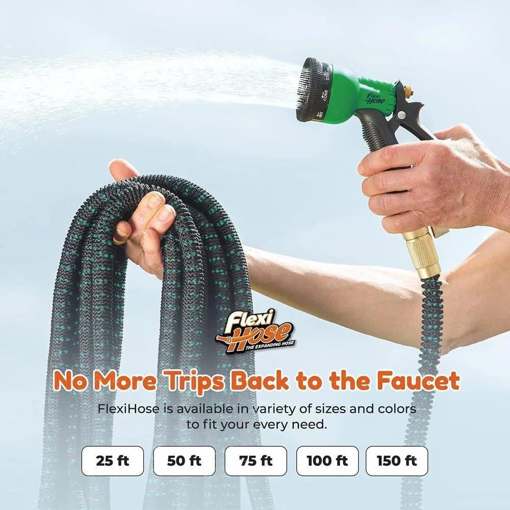 Hands holding garden hose with nozzle and text advertising various lengths available