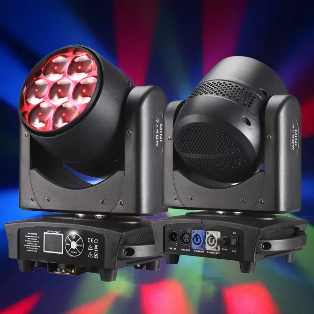 Two black 7x40W RGBW moving head beam and wash stage lights with light beams in the background