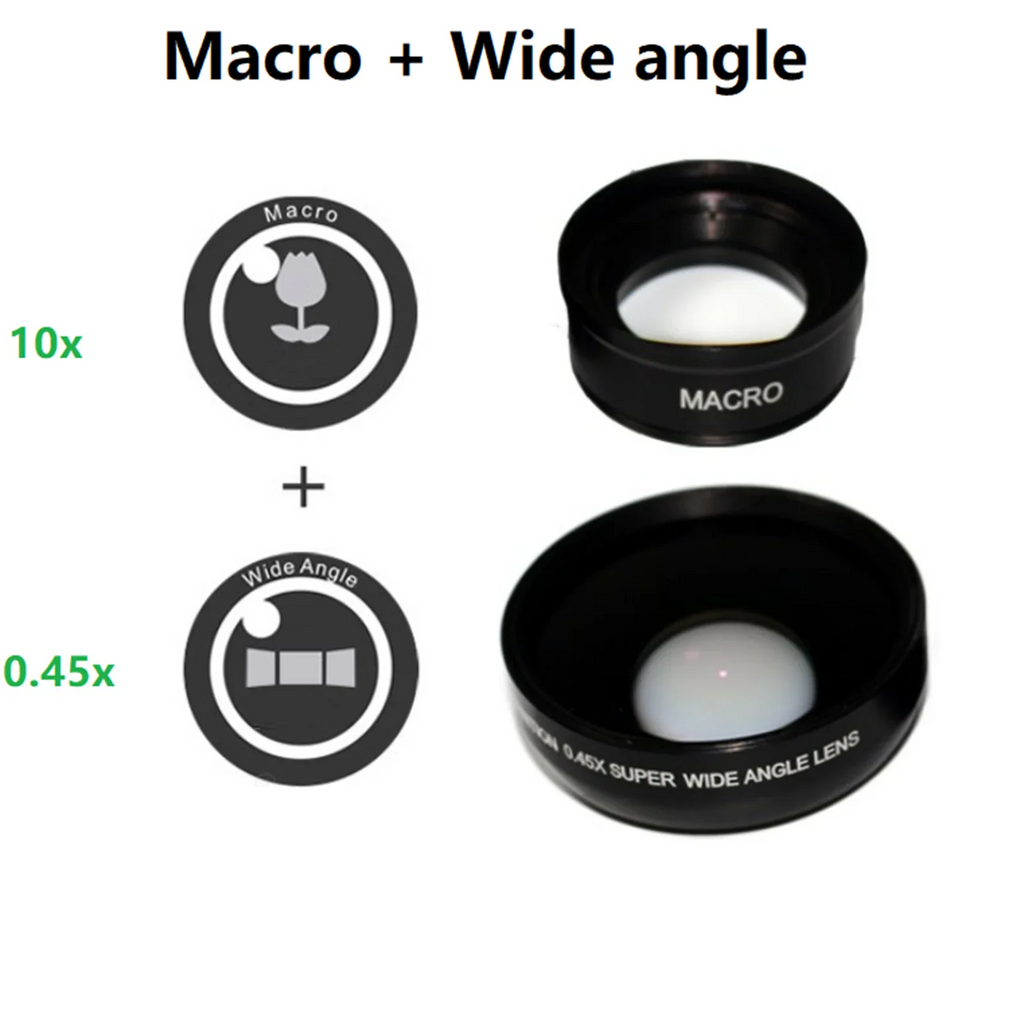 Diagram showing the 0.45X wide-angle and 10X macro lens attachments for a smartphone camera.