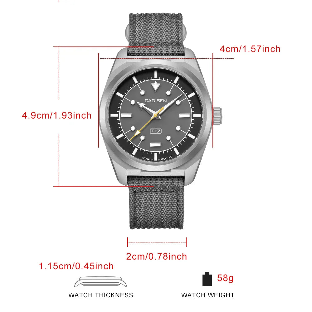 Technical size diagram of a titanium automatic wristwatch with dimensions