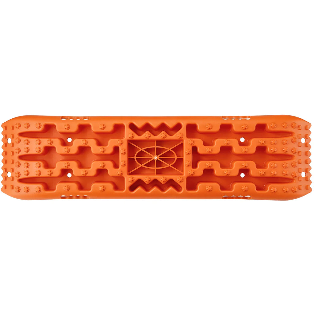 A pair of orange plastic traction boards for vehicle recovery with a grooved surface and center cross design.