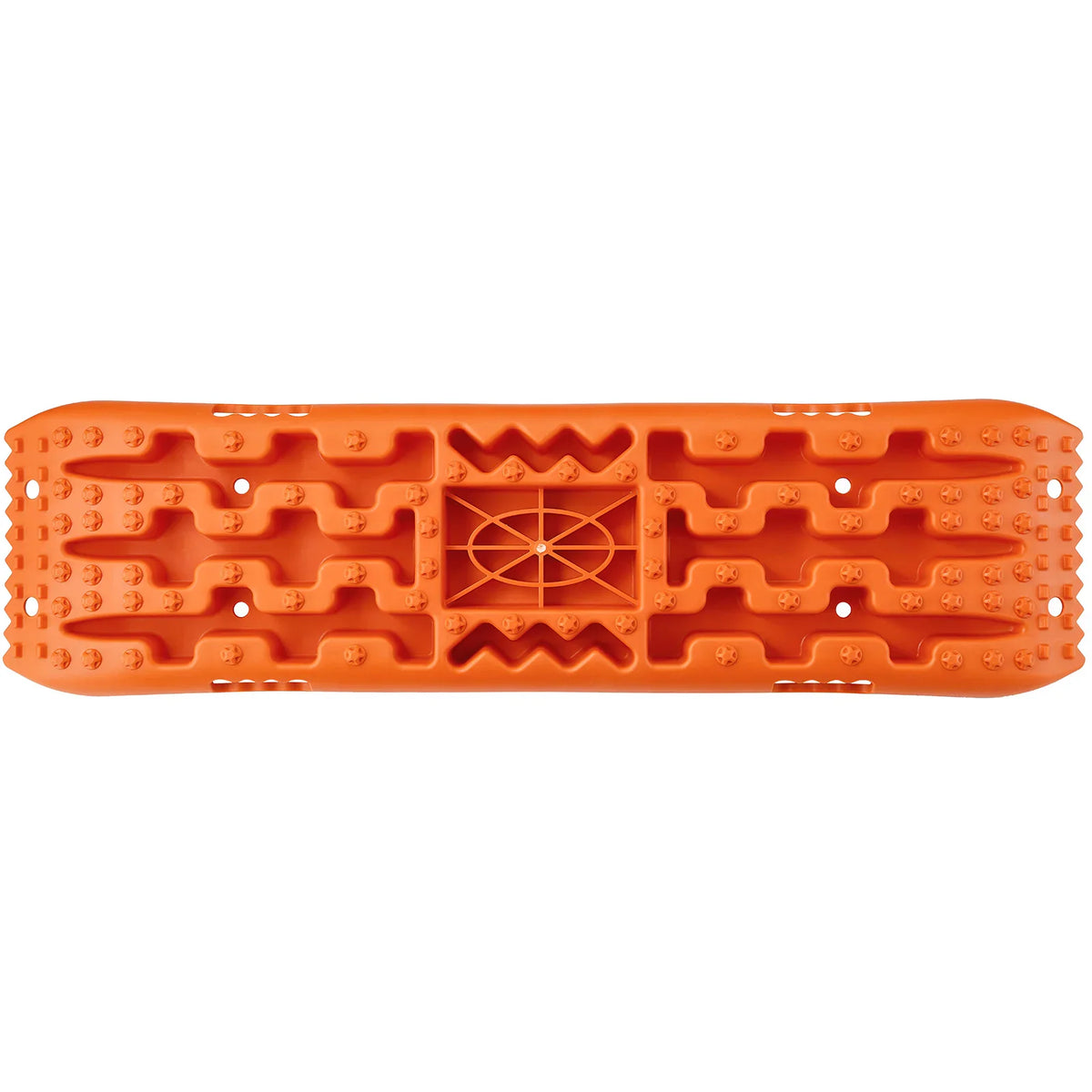 A pair of orange plastic traction boards for vehicle recovery with a grooved surface and center cross design.