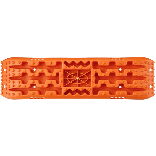 A pair of orange plastic traction boards for vehicle recovery with a grooved surface and center cross design.