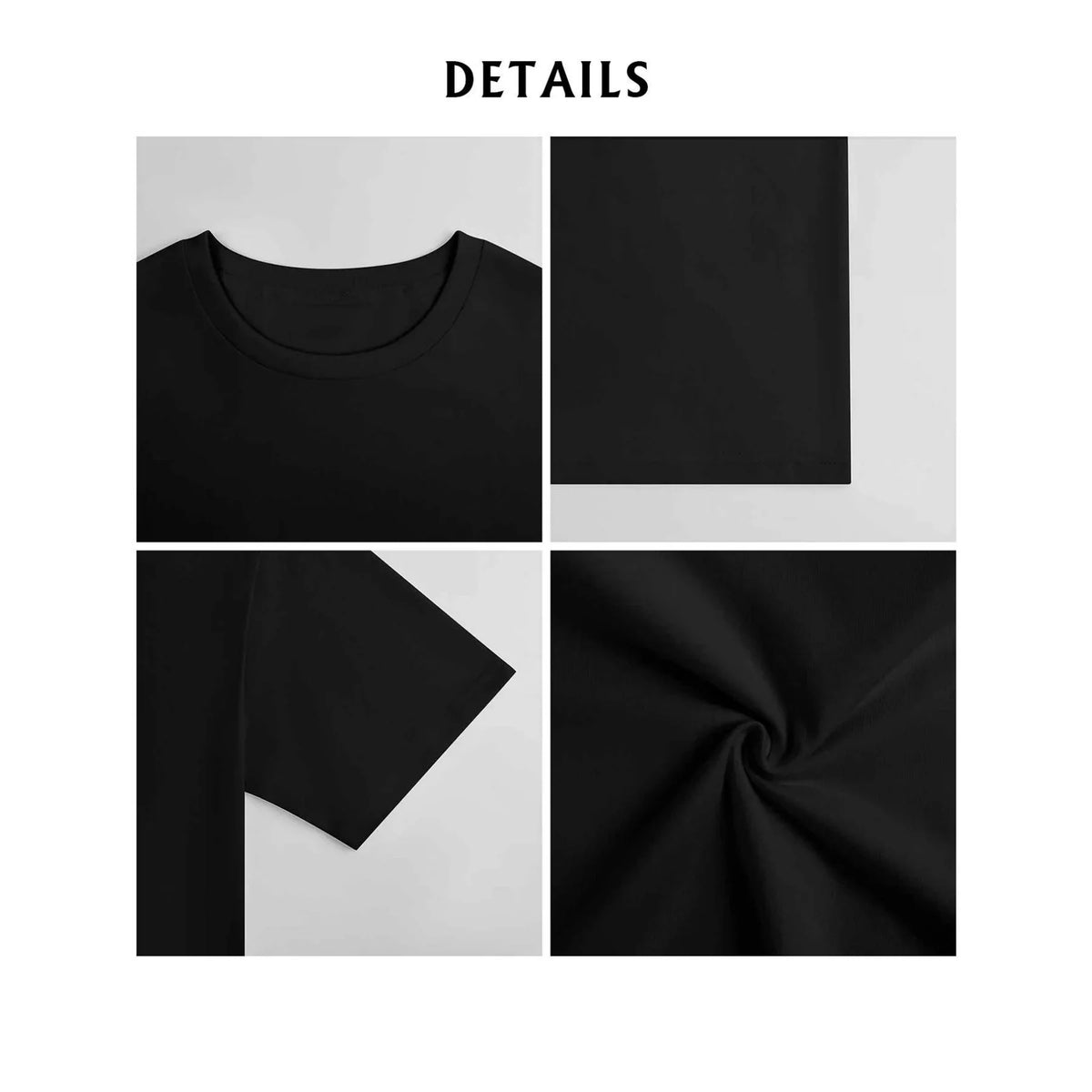 Close-up details of black t-shirt neck, fabric texture, sleeve, and overall material