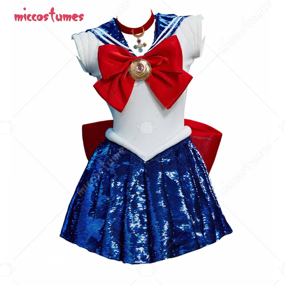 Blue sequin sailor-style cosplay dress with red bows and accessories