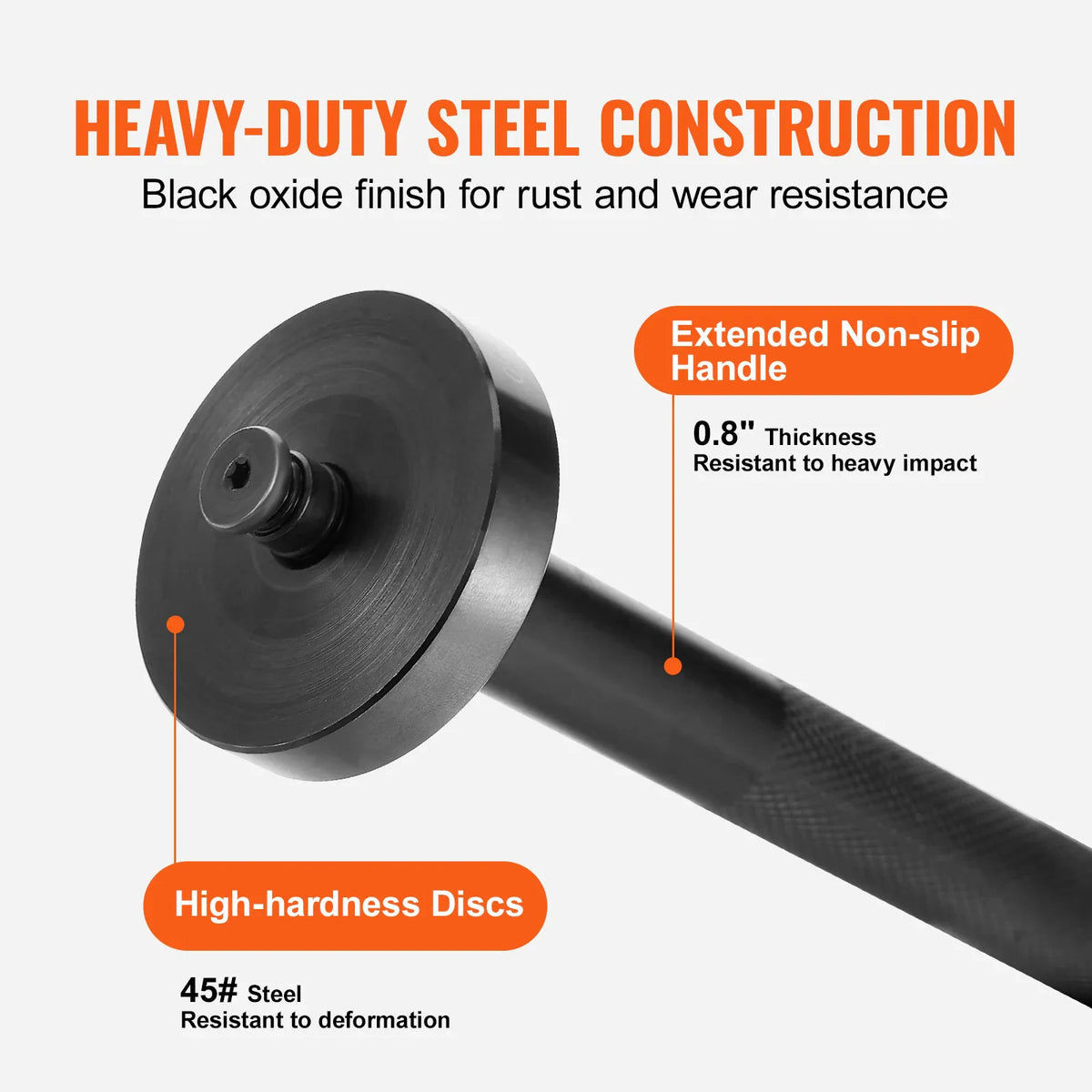 Close-up diagram of a bearing driver tool highlighting steel construction and non-slip handle