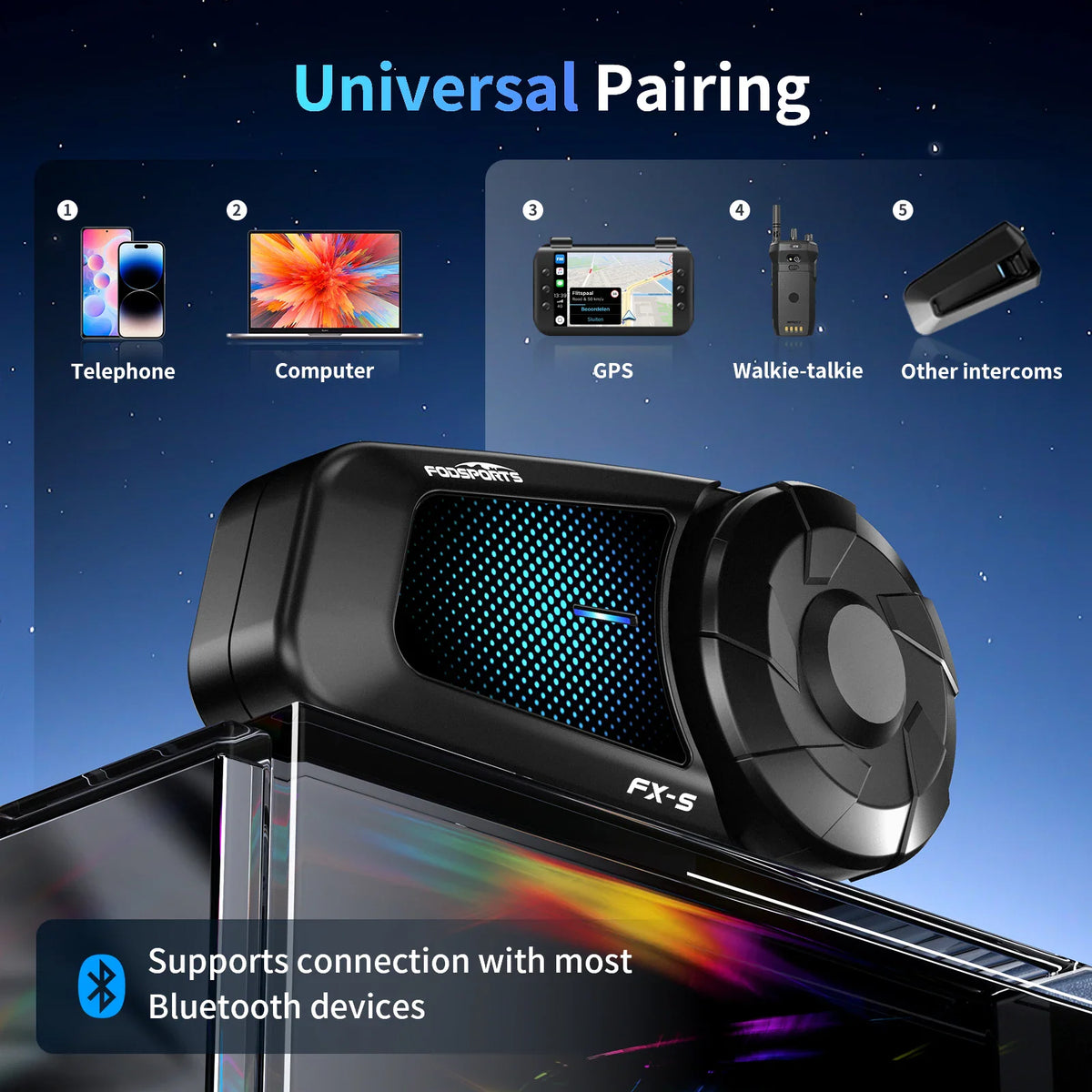 Diagram showing universal bluetooth pairing compatibility with various electronic devices
