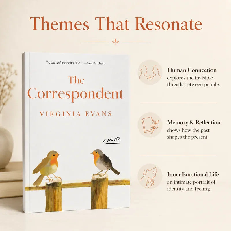 Hardcover book titled The Correspondent presented alongside thematic icons and text descriptions.