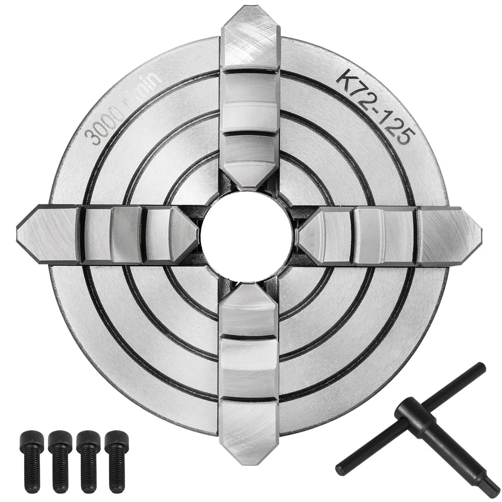 5-inch 4-jaw lathe chuck with mounting bolts and a chuck key on white background