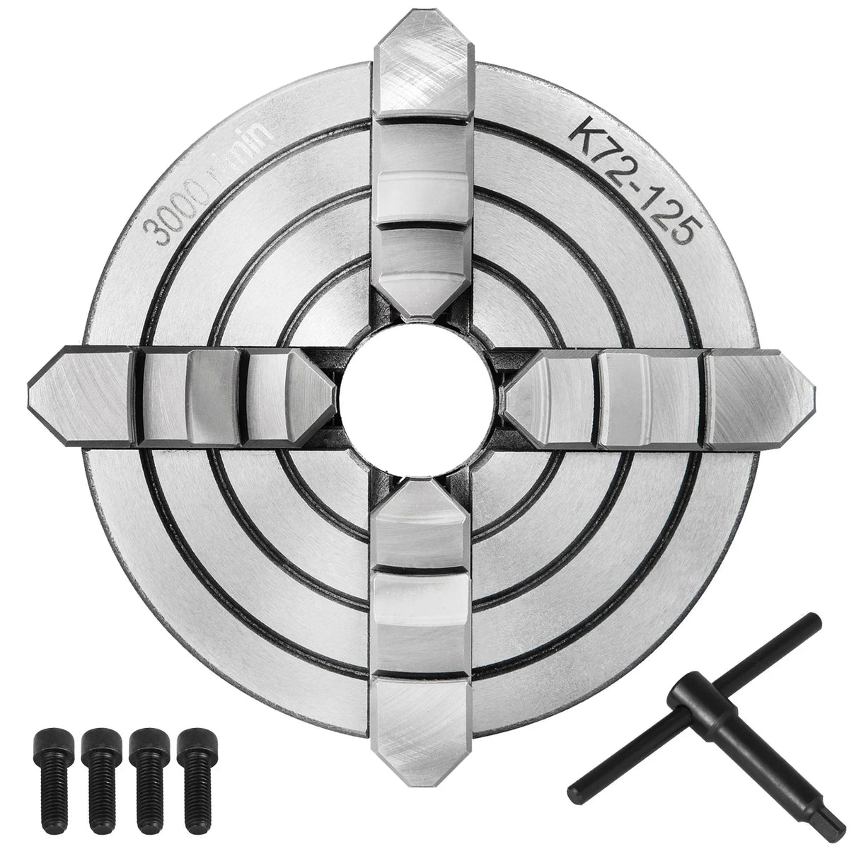 5-inch 4-jaw lathe chuck with mounting bolts and a chuck key on white background