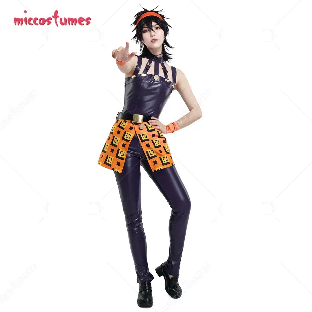 Cosplay outfit including purple top and patterned skirt with an orange headband and wristband on a model