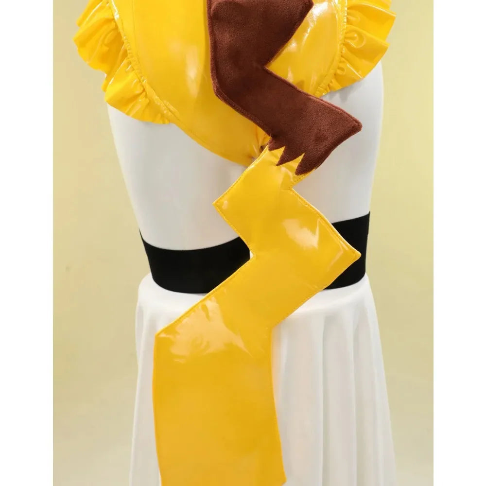 Close-up view of a brown and yellow mouse-like tail attached to a yellow garment.