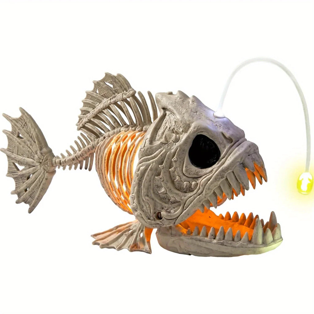 Halloween skeleton fish decoration with LED eyes, measuring 10.2 inches in length.