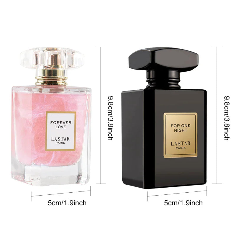 Two perfume bottles with height and width dimensions labeled in centimeters and inches.