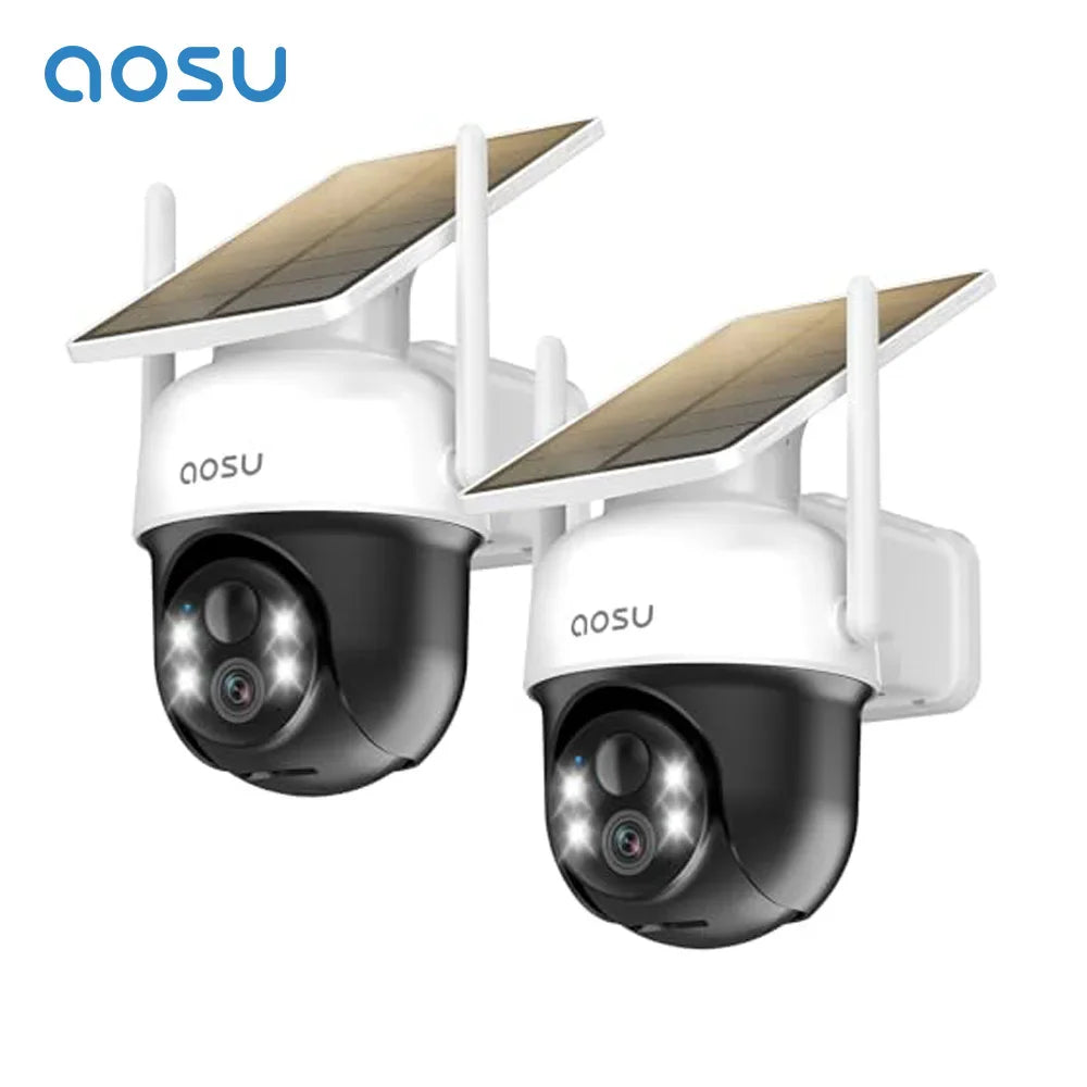 White solar-powered outdoor security camera with antenna