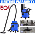 Blue wet and dry vacuum cleaner for industrial use with accessories and usage scenarios