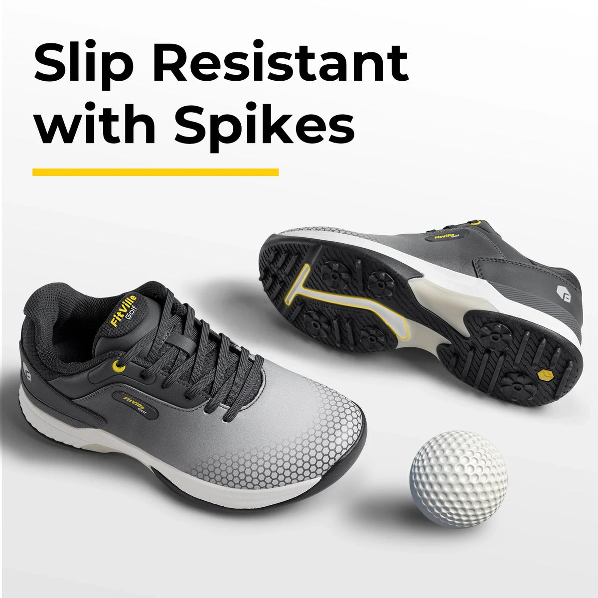 A pair of grey golf shoes with a white golf ball on a white background.