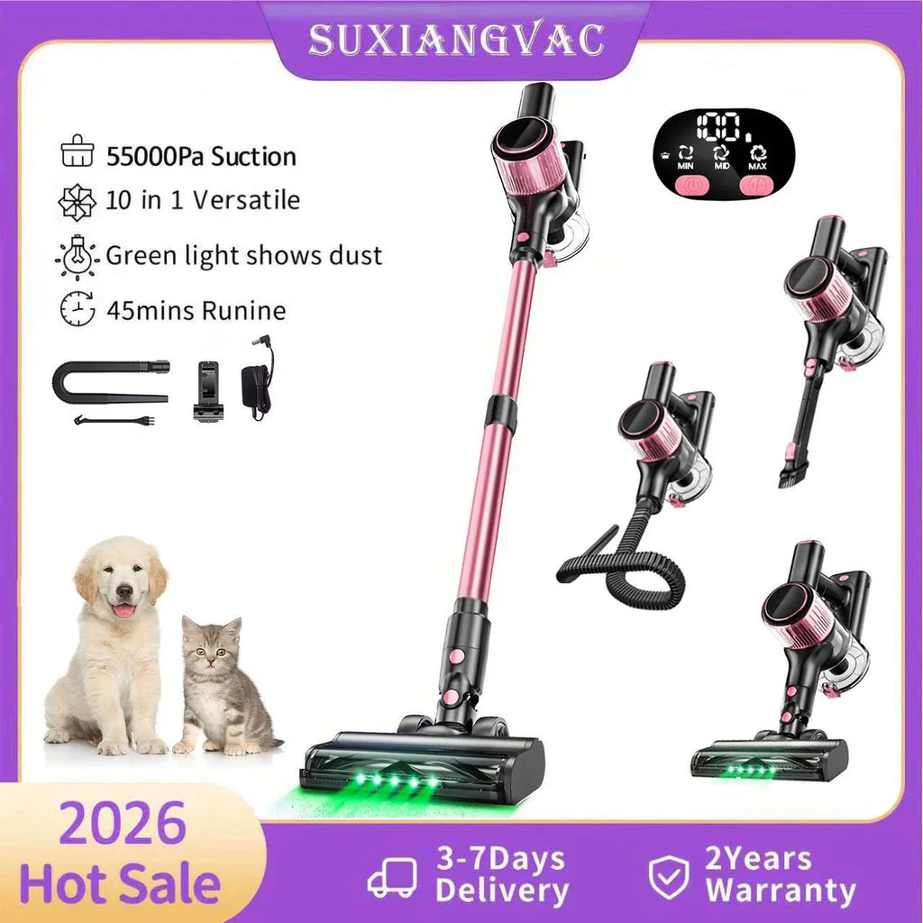 10-in-1 pink and black cordless stick vacuum cleaner with accessories and pets